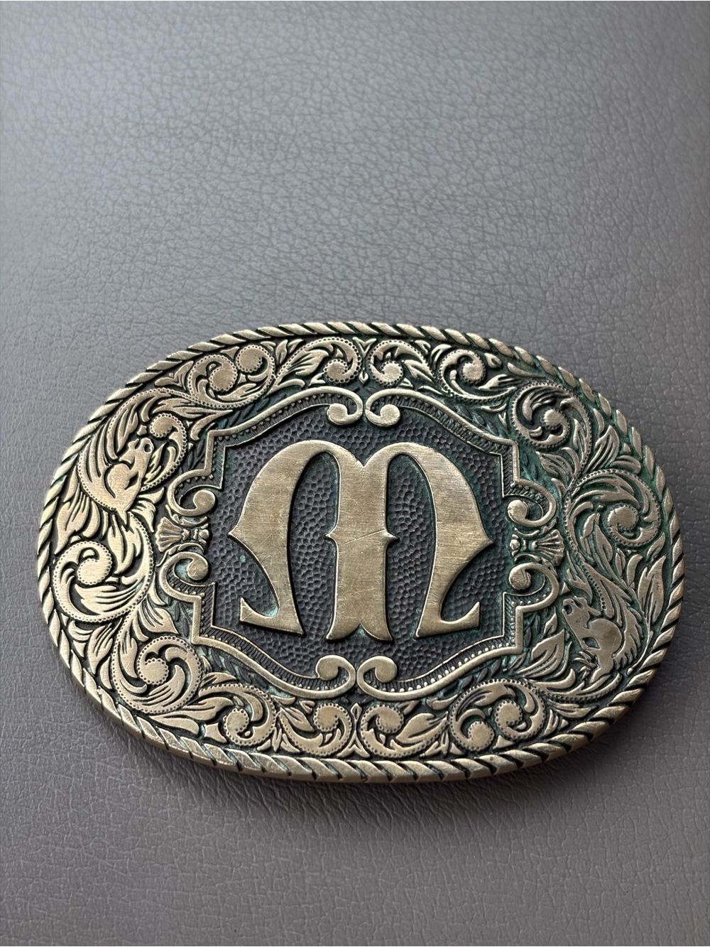 Award Design Medals ADM Men's Antique Solid Brass Monogram M or W Belt Buckle
